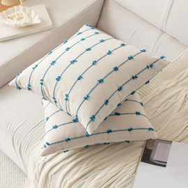 YEENAASY Boho Throw Pillow Covers 16x16 Set of 2 Modern Farmhouse Decorative Cushion Case Tufted Square Pillows Cover Neutral Pillow Cases Accent Pillowcase for Sofa,Couch,Bed,Beige and Blue