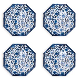 Two's Company Set of 4 Chinoiserie Touch Octagonal Dinner Plate with Bamboo Rim