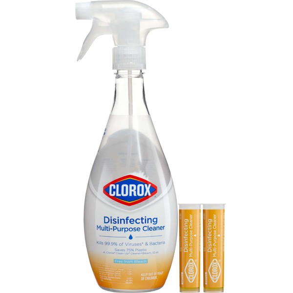 Clorox Disinfecting Multi-Purpose Cleaner Starter Kit, Household Essentials, One Reusable Spray Bottle Plus 2 Refills