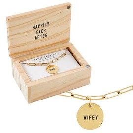 Santa Barbara Design Studio Fleur Jewelry Wedding Gold Plated Link Chain Charm Necklace Wood Boxed Gift Set, 17" Long + 2" Extender, Wifey