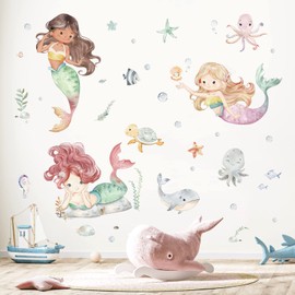 decalmile Wall Sticker Mermaid Girl Wall Sticker Under the Sea Dolphin Fish Wall Sticker Bathroom Baby Room Bedroom Wall Decoration