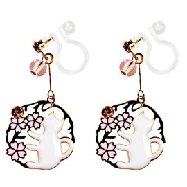 Women's Elegant Dangle White Cats Pink Cherry Blossom Flower Gold Invisible Clip On Earrings Comfortable Non Pierced Earrings Gold tone Pierced Look