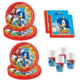 Procos - Decorazione per compleanno Sonic, 52 pezzi, piatti, bicchieri e tovaglioli di carta per feste di compleanno per bambini, articoli per la tavola