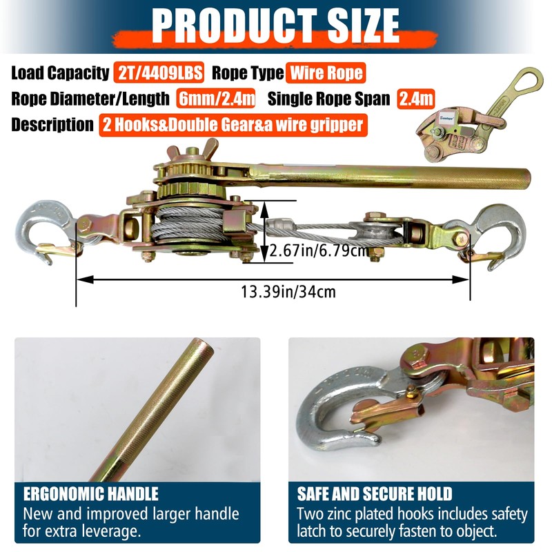 Zipline Tensioning Kit, Come Along Winch 4400lbs with Cable Grip