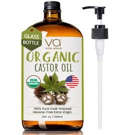 VITAL AFFAIR Pure Organic Castor Oil 32oz – Cold Pressed, Unrefined, USDA Organic – Glass Bottle for Hair Growth, Eyelashes, Eyebrows, Face & Castor Oil Packs