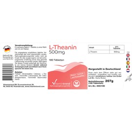 L-Theanine 500 mg - 90 Tablets - Amino Acid - 500 mg L-Theanine per Daily Dose - High Dose - Safe Dosage - Vegan - Bioavailable Supplements from Germany | Vitamintrend