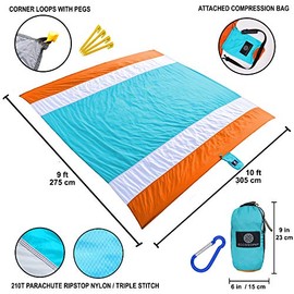 ECCOSOPHY Manta de Playa a Prueba de Arena - Alfombra de Playa Extra Grande Sin Arena de 9'x10' - Manta de Picnic Ligera para Exteriores Anclada con 4 Bolsillos de Arena en las Esquinas y Estacas de