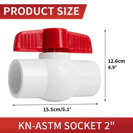 2 Inch PVC Ball Valve ASTM SOCKET Water Shut-Off Schedule 40X Solvent Connections T-Handle White & Red KZUVETAON