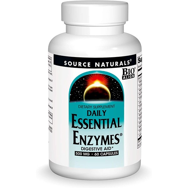 Source Naturals Essential Enzymes 500mg Bio-Aligned Multiple Enzyme Supplement Herbal Defense for Digestion, Gas, Constipation & Bloating Relief - Supports A Strong Immune System - 60 Capsules