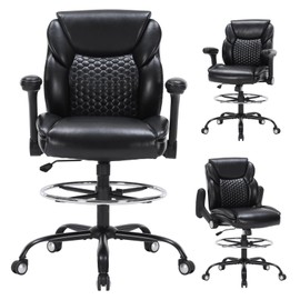 OLYFING Drafting Chair, Tall Office Chair with Adjustable Armrests PU Leather Standing Desk Chair with Adjustable Foot Ring,Comfy Mid-Back High Office Chair for Counter Height Desk, Black