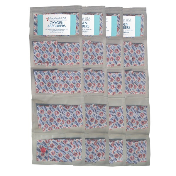 PackFreshUSA: 200cc Oxygen Absorber Compartment Packs - Food Grade - Non-Toxic - Food Preservation - Long-Term Food Storage Guide Included (100 Count (5 Packs of 20))