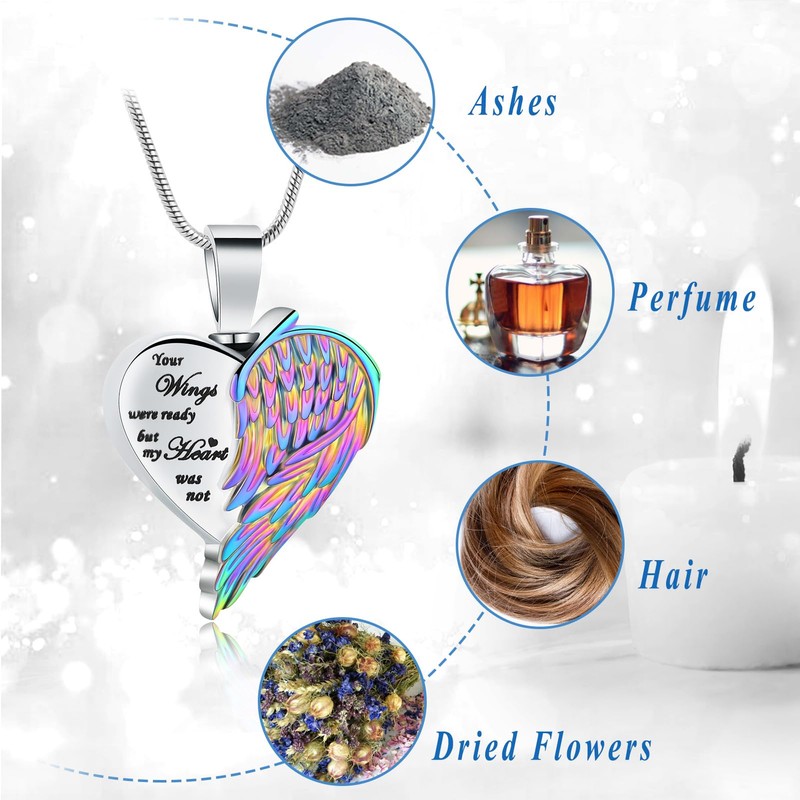 AIWENXI Heart Ash Necklaces for Men Women Angel Wings Cremation