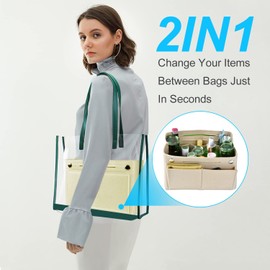 WUUDWALK Felt Handbag Organiser, Women Tote Bag Handbag Felt Liner Lightweight Purse Organiser Travel Storage Cosmetic Bags Bag in Bag Cosmetic Bag Organiser (Beige)