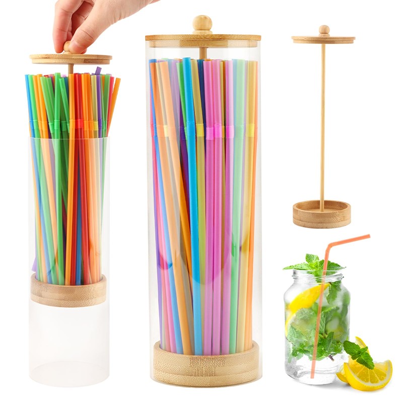 10 Inch Acrylic Straw Dispenser with Bamboo Lid, 100 Colorful