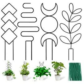Xeeol Plant Trellis for Climbing Plants Indoor, Small 14.6in Metal Trellis for Potted Plants, Mini Houseplant Hoya Pothos Trellis with Ties, Set of 4p Different Shap, Black