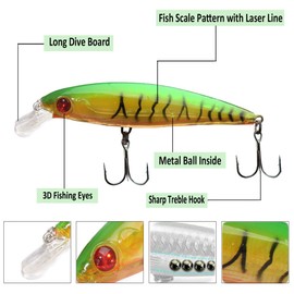 Fishing Lures Hard Bait Minnow Lure with Treble Hook Life-Like Swimbait Fishing Bait 3D Fishing Eyes Crankbait for Bass Trout Walleye Redfish (Type B: 10pcs)