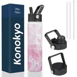 Konokyo Insulated Water Bottle 24oz Stainless Steel Sport Bottles with 3 Lids,Marble Blossom