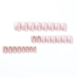 Short Ombre Pink Stick-On Nails with Golden Sequins, KXAMELIE Square Acrylic Artificial Nails with Nail Glue, French Nails for Sticking on for Women and Girls