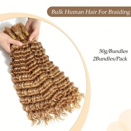 Honey Blonde Human Braiding Hair Deep Water Wave Bulk Human Hair 100g 14 Inch Color 27 Curly Human Hair for Boho Braids Hair Extensions No Weft 2 Braids Per Pack Wet and Wavy Human Hair Braiding Hair