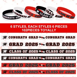 Sumind 102 Pcs Class of 2025 Silicone Wristbands, Silicone Graduation Bracelets Celebrating Congrats Grad Bracelet for Teacher Students, Graduation Party Supplies(Red, Black)