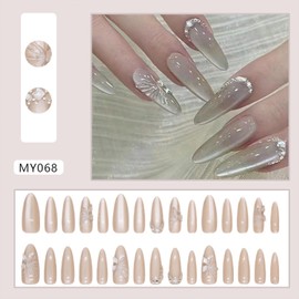 Tyuimhx Cat Eye Press on Nails Long Almond Fake Nails With Rhinestones Designs 3D Butterfly False Nails Full Cover Stick on Nails Acrylic Glitter Artificial Nails for Women Glue on Nails 30Pcs