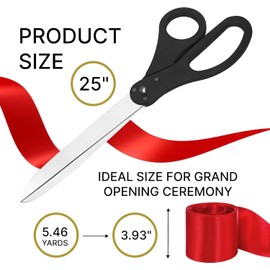 Giant Ribbon Cutting Ceremony Kit - Big 25 Inch Black Grand Opening Scissors and Red Satin Ribbon for Special Events Business Openings and Inaugurations