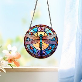 HOTIYOK Dragonfly Acrylic Window Hangings Retro Stained Window & Wall Decor with Chain for Indoor/Outdoor, Ideal Housewarming Gift, Home Decor for Mom Grandma Wife Teacher Insects Lover