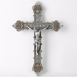 BC Catholic Crucifix Wall Cross, Jesus Christ Home Decor, Religious Gift, Vintage Style, Metal Carve Look, Silver Finish 12"H Hand-painted by Buildclassic