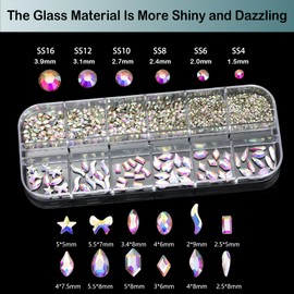 Careuoklab 4 Boxes Mixed Glass Crystals of Flatback Rhinestones Colorful 3D Nail Art Multi Colors Sizes Pearls Flower Stones Gems for Nails Crafts and DIY Decoration