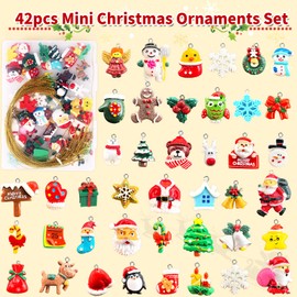 42 Pcs Mini Christmas Ornaments Miniature Small Resin Christmas Tree Ornaments for Mini Tree Hanging Decorations Tiny Christmas Figurines Bulk for Craft Holiday Christmas Decor Gift
