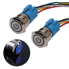 JIQI 2 x 16 mm latching pressure switch, metal, 12 V to 24 V, 3 A, latching on/off switch with blue LED symbol, IP66, 1NO1NC, self-locking waterproof pre-wired push button for boat, truck, RV, car