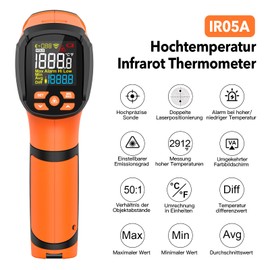 Infrarot Thermometer MESTEK -40°C bis 1600℃ Hochtemperatur Digital Laser Temperaturmessgerät mit K-Sonde IR Pyrometer Berührungslos LCD Alarm Einstellbarer Emissionsgrad für Küche Industrie