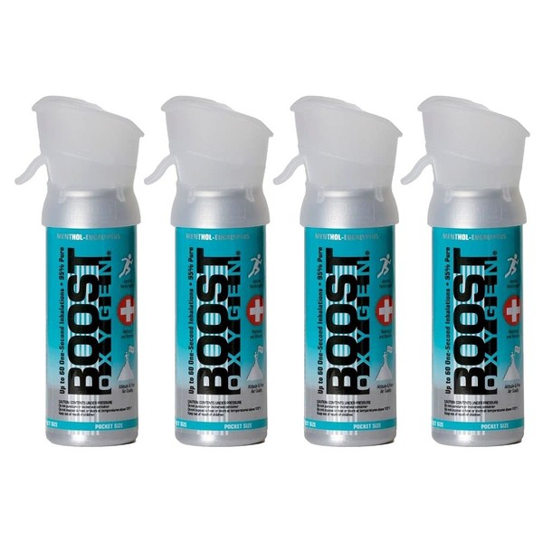 Boost Oxygen Pocket Size Menthol-Eucalyptus Aroma 3 Liter Portable Oxygen Canister | Respiratory Support for Aerobic Recovery, Altitude, Performance and Health (4 Pack)