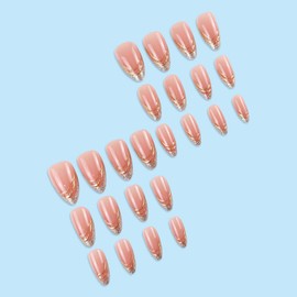 French Tip Press on Nails Short Almond Fake Nails with Designs Silver French Tip Gold Stripe Line Acrylic False Nails Kit Full Cover Glossy Pink Glue on Nails Reusable Stick on Nails for Women 24PCS