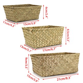 IGNPION 3er-Set Seegras-Aufbewahrungskorb Gewebter Seegras-Desktop-Korb Rechteckige Organizer Box Regale & Schreibtische Dekorativer Korb, kleine natürliche Farbe