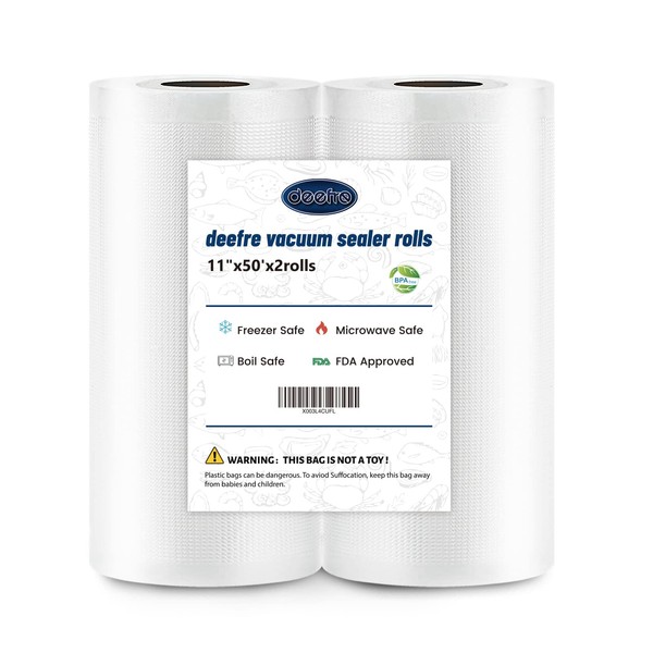Deefre Vacuum Sealer Bags 2 Rolls 11"x50' Commercial Grade Food Saver Bags for Seal a Meal, BPA Free, Heavy Duty, Great for vac Storage, Meal Prep or Sous Vide