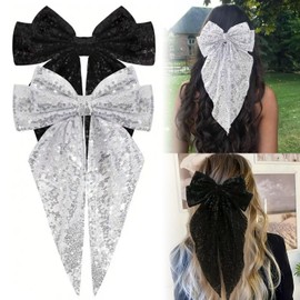 2 Pcs Sequin Bow Hair Clip, Big Bowknot Hairpin with Long Ribbon Glitter Bow,Double Layered Bow Design with Sparkling Sequins,90's Accessories for Women Girls Christmas Birthday (Black&Silver)