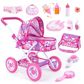 BABESIDE Baby Doll Stroller Set for 10–12 Inch Dolls Only, 10-Piece Doll Stroller with Feeding & Care Accessories, 18-Inch Handle Height, Pretend Play Toy for Girls (Doll Not Included)