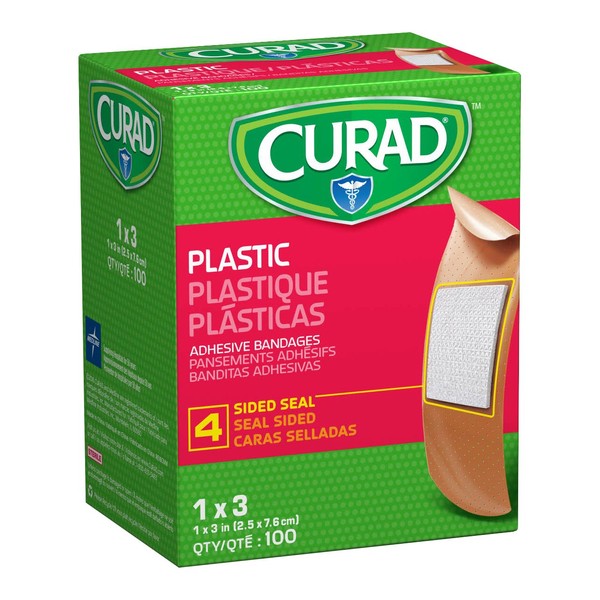 Curad Plastic Adhesive Bandage, 1" x 3", 100 Count