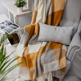 Linen & Cotton Luxury Stylish Blanket, Bedspread, Wool Blanket Devon - 100% New Zealand Wool (140 x 200 cm, Mustard Yellow)