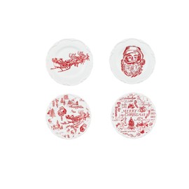 Mud Pie Good Tidings Christmas Santa Toile Holiday Print Dessert Plates Set of 4