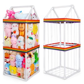 Basumee Stuffed Animals Storage Zoo Kids Plushies Storage Stuffed Animals Holder with Two Rainbow Straps PVC Tube Stuffy Toy Storage Organizer for Girls Boys Nursery Playroom Room Bedrooms, White