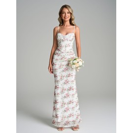 KUTUMAI Vintage Lace Corset Floral Maxi Long Dress Bodycon Ruched Tie Formal Wedding Guest Dresses for Women Elegant White Floral S