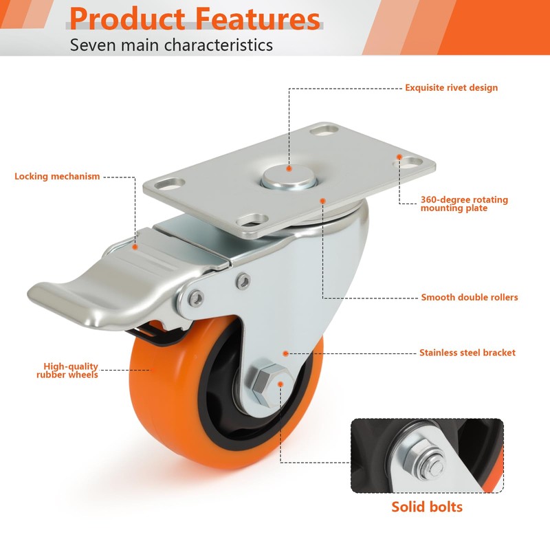 3-Inch PU Mixed Locking & Fixed Casters Set of 4,
