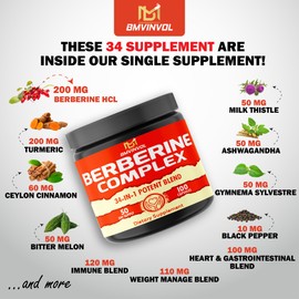 Berberine, Cinnamon, Turmeric, Bitter Melon, Milk Thistle & More - 34in1 Berberine Supplement for Digestion, Immunity - 100 Capsules [50 Servings]