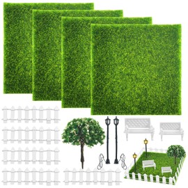 TOPJOWGA Artificial Grass Miniature Garden, Pack of 14 Miniature Garden Decoration, Miniature Dollhouse Garden Furniture, Park Bench, Street Light Tree, Micro Landscape Miniature Ornament, Garden