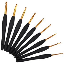 Aeelike Crochet Hook Set, 9 Pieces Classic Black Crochet Hooks with Soft Grip and Golden Aluminium Crochet Head for Arthritic Hands, 2 mm - 6 mm Crochet & Knitting for Wool Yarn DIY