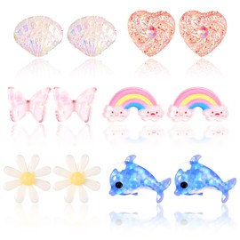 6 Pairs Kids Clip On Earrings for Girls, Bling Cute Dolphin Flower Heart Rainbow Shell Clip On Earrings Set Girls Earrings for Princess Girls Dress Up Jewelry Accessories
