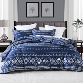CozyDH Boho Duvet Cover Set King Size - 100% Cotton Bohemian Duvet Cover with 2 Pillowshams - Navy Blue Geometric Pattern Printed Comforter Cover with Zipper Closure (King, 90"x104", No Comforter)