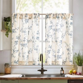 TOPICK Floral Linen Blend Kitchen Curtains 36 Inch Drop Short Cafe Curtains Light Filtering Small Window Curtain Tiers for Bathroom Living Room RV Rod Pocket 2 Panels Blue